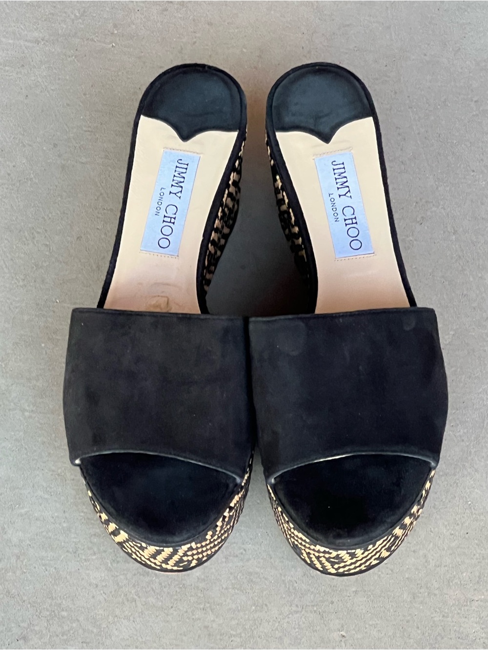 Jimmy Choo Deedee 80 Black Suede Chevron Raffia Platform Wedge Slides EU 38.5 - Picture 5 of 11